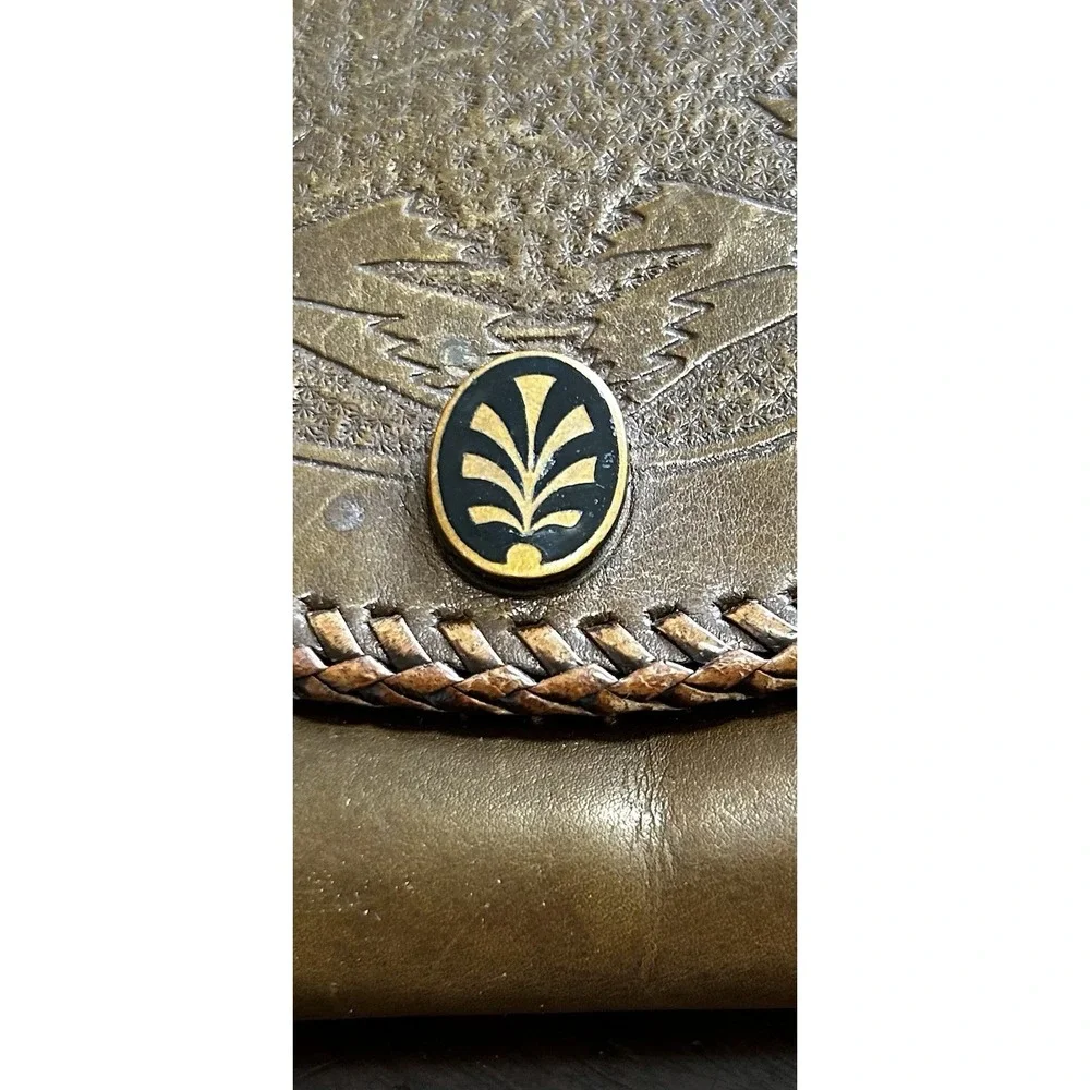 Vintage 1920s Leather Clutch Hand Tool Double Side Whipstitch Snap Floral Folds